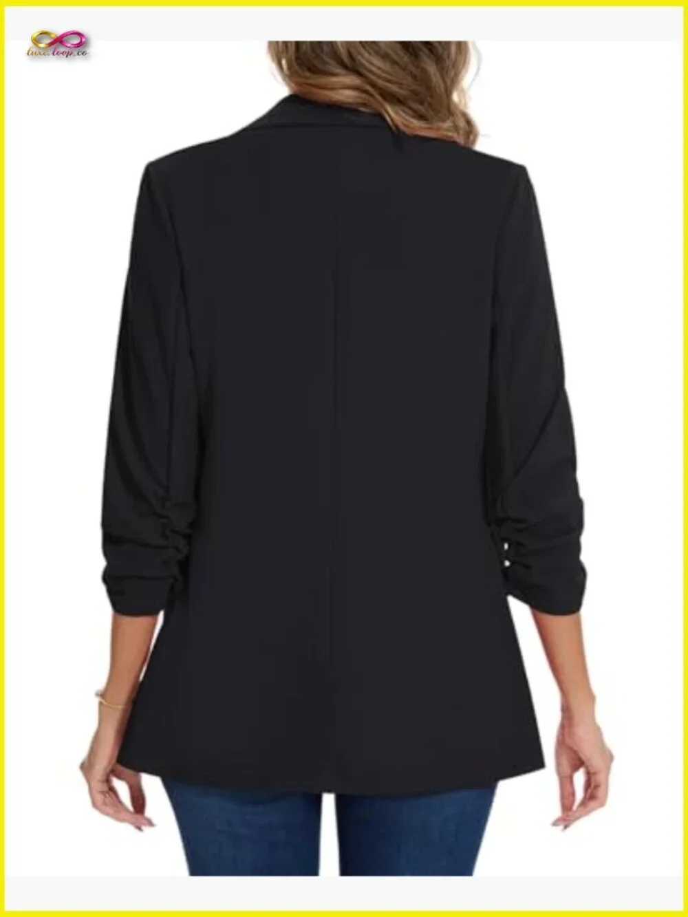 Open Front Blazer Ruched 3/4 Sleeve Notched Collar Casual Work Office Jacket